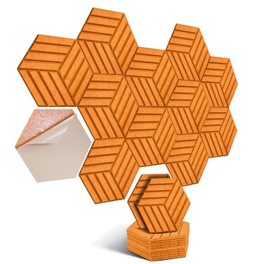 Акустичні шестикутні панелі-поглиначі шуму самоклеючі, високої щільності для стін, стелі та дверей, 30x26x0.9 см, помаранчеві (12 шт)