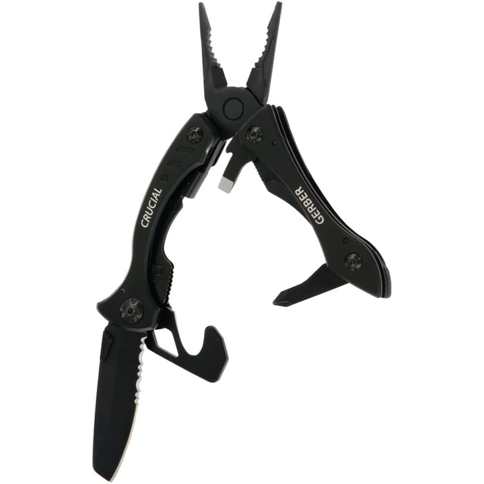 Gerber Multi-Tool with 9 functions and belt clip, Crucial, with belt cutter and liner-lock locking mechanism, open length: 9.1 cm, Black, 31-001518