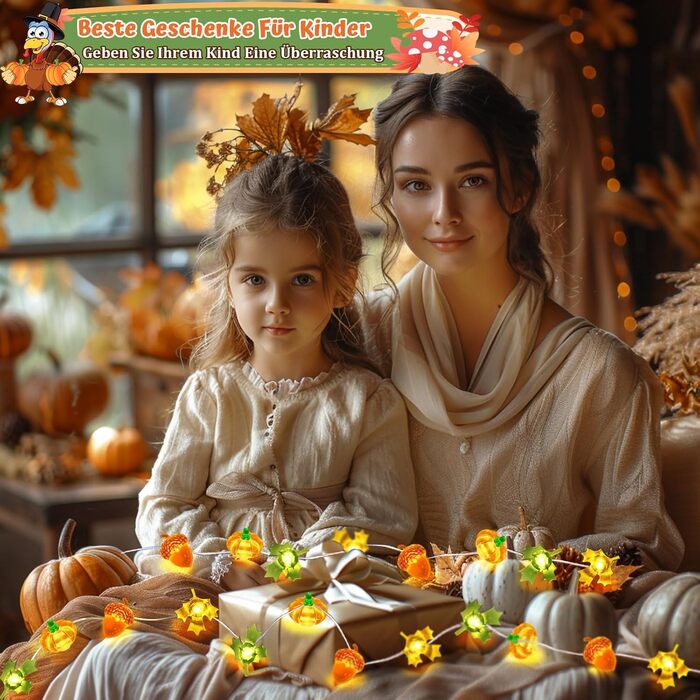 Льорочка декоративна LED, 3м, 30LED, з гарбузами, кленовим листям та жолудями для прикраси інтер'єру та екстер'єру, на батарейках. Ідеально для осіннього декору, Дня подяки, Хелловіну.