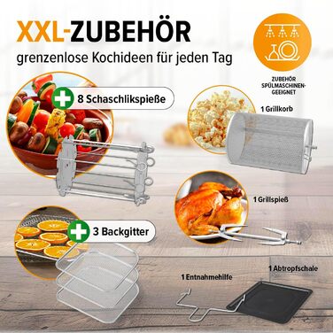 Gourmetmaxx Digital Hot Air Fryer XXL - 9L Oven | Air Fryer with Timer Function, Touch Display, Rotisserie, Skewers | Low-Fat, Energy-Saving Frying | 8 Programs, 1800 W Black 9 Liters