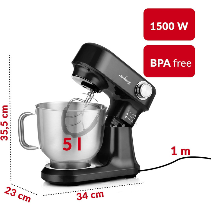 Кухонний комбайн-міксер LEHMANN з набором аксесуарів, 1500 Вт, 12 швидкостей, чаша 5 л, захист від перегріву, планетарний міксер з 3 насадками та захистом від бризок, чорний
