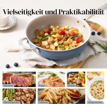 Сковорода Redchef 28 см з кришкою, антипригарне покриття, керамічна сковорода для індукції з нержавіючою ручкою, без PTFE, PFOA, PFAS, для духовки, придатна для миття в посудомийній машині (Блакитна)