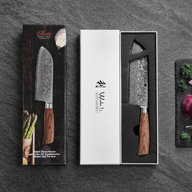 Ніж кухонний Wakoli EDIB Pro Santoku з дамаської сталі (VG10) 17 см, рукоять Pakkawood, подарункова коробка - для м'яса, риби та овочів, з можливістю гравіювання