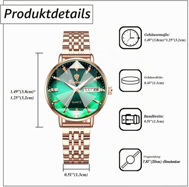 Жіночий наручний годинник JewelryWe Rosegold: кварцовий аналоговий годинник зі сталі, водонепроникний (30м), з календарем, підсвічуванням стрілок та граненим склом, колір Rosegold-Зелений