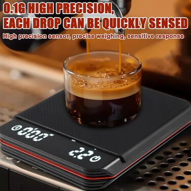Еспресо вага з таймером, 3 режими, USB, цифрова міні вага для кави з LED-дисплеєм, таймер, 0.1г, висока точність, для фільтр-кави, приготування їжі, випічки, точна вага (чорний)
