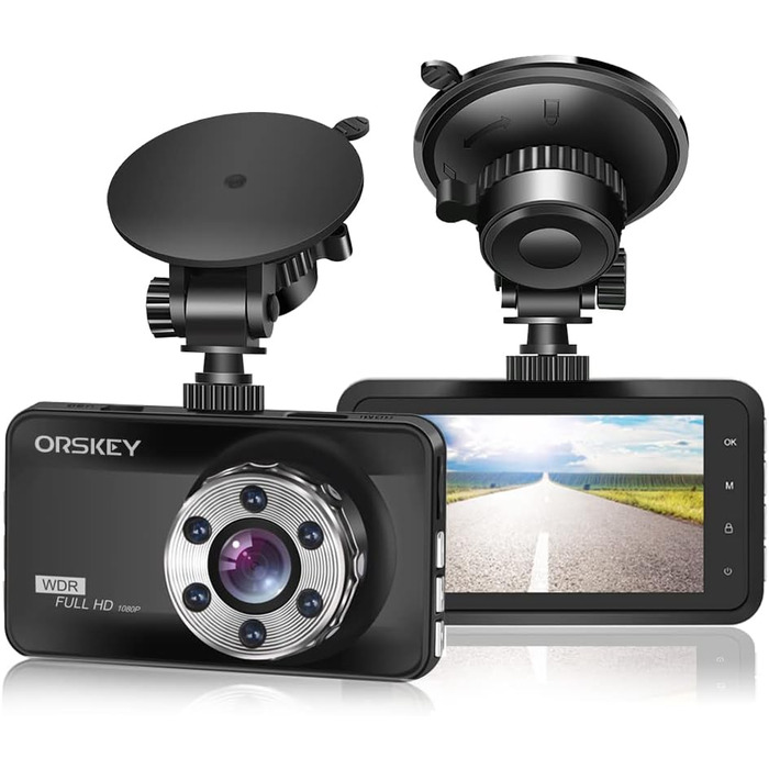 Відеореєстратор ORSKEY Dashcam Auto 1080P Full HD з двома об'єктивами для автомобіля, 170° кут огляду, циклічна запис, G-сенсор, LCD-екран