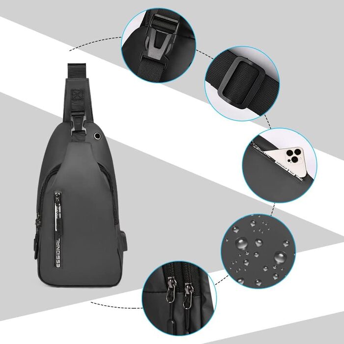 Чоловіча нагрудна сумка Brusttasche з USB-зарядкою, Oxford-тканина, водонепроникна, для спорту, роботи, подорожей (#5 B-сірий)