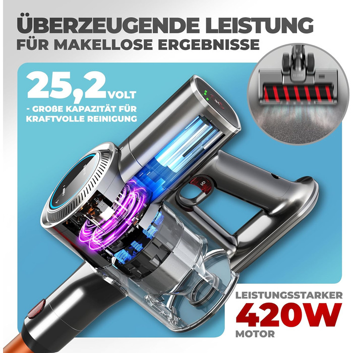 Акумуляторний пилосос KLAMER 2-в-1: вертикальний та ручний, час роботи до 45 хв, HEPA-фільтр для килима, авто та твердих поверхонь, сірий/помаранчевий, 2 акумулятори (по 45 хв)