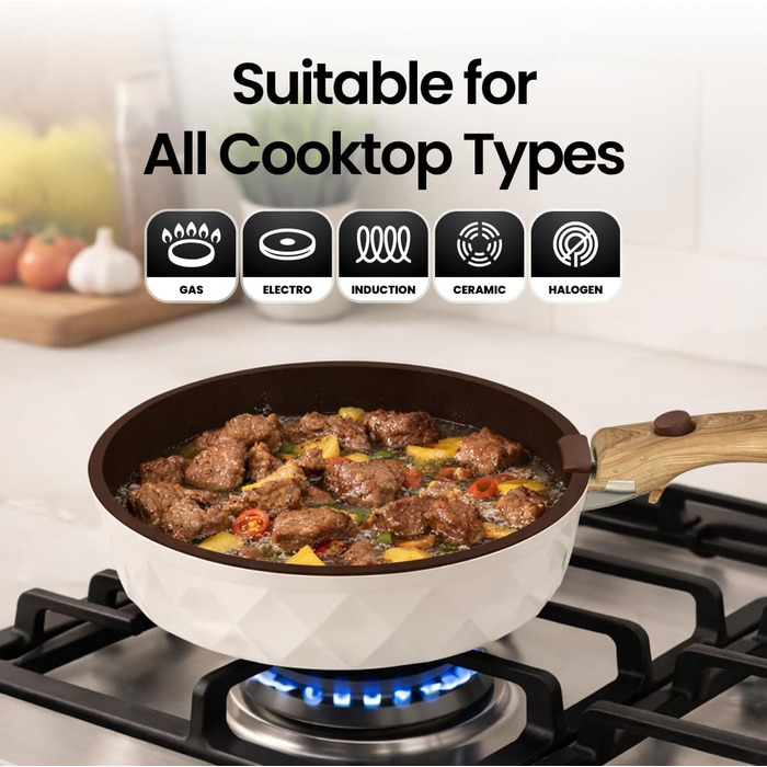 Набір посуду 9 предметів з антипригарним покриттям Diamant Beige: каструлі та сковорідки для всіх плит, включаючи індукційні. Без PFOA/PFAS