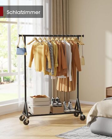 Підвісна штанга для одягу на колесах – міцна конструкція з нержавіючої сталі з сітчастою полицею, багатофункціональний вішак для одягу для спальні, пральні, магазину (Чорний, 110 x 42 x 163.3 см)