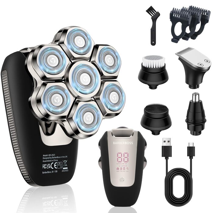 BarberBoss QR-2025 Електричний Роторний Бритва для Гоління Голови 7D, 5-в-1 з LED-дисплеєм, Триммер для Бороди та Носа, Набір для Догляду за Обличчям