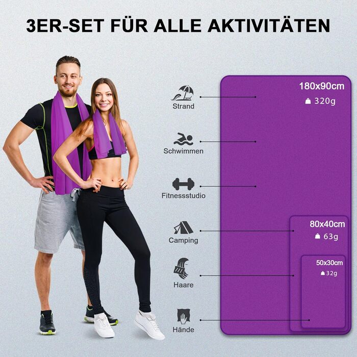 Набір рушників з мікрофібри, швидковисихаючих, 3 шт. (180x90см, 80x40см, 50x30см) для подорожей, спорту, пляжу (фіолетовий)