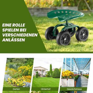 COSTWAY Rolling Seat with Wheels, 360° Swivel | Height Adjustable, Mobile Garden Seat Outdoor Garden Stool, up to 150 kg | Wide Tires, Garden Rolling Seat Metal, for Gardening & Car Care, Green