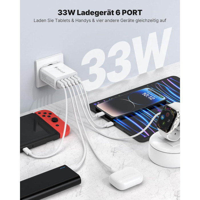 Зарядний пристрій USB 6-портовий, 33W, адаптер з QC 3.0, зарядний пристрій з декількома USB, мережевий адаптер для iPhone 16 15 14 13 12 11 Pro Max, iPad, смартфонів, білий