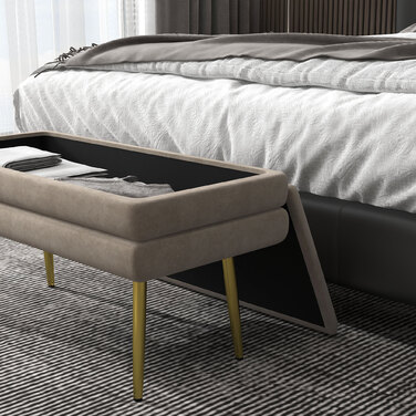 HOMCOM Bench, Upholstered Bench with Storage, Velvet-Look, Bed Bench with Steel Legs, Shoe Bench, Storage Bench for Living Room, Bedroom, Beige, 79.5 x 37.5 x 43 cm | Aosom