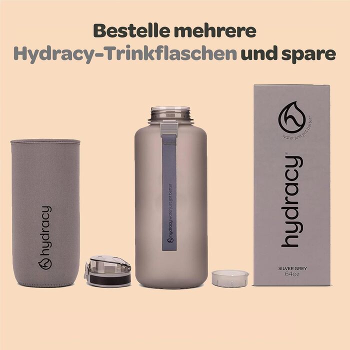 Фляга спортивна Hydracy з фруктовою сіткою 2000 мл, сріблясто-сіра - пляшка для води без BPA, з міткою часу, герметична для спорту та активного відпочинку