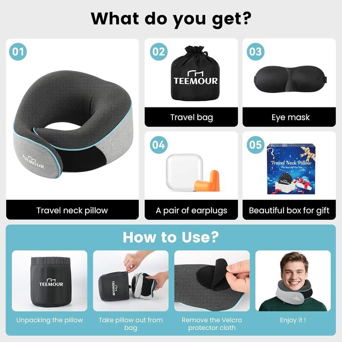 Подушка для шиї у літак Memory Foam з підтримкою 360°, набір для подорожей (очна маска, навушники, чохол), сіра