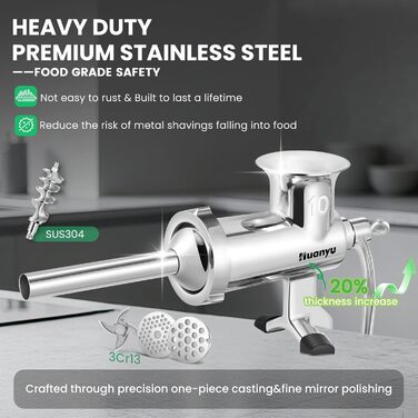 М'ясорубка ручна Huanyu з нержавіючої сталі та насадкою для ковбас, 10 розмір, посудомийна