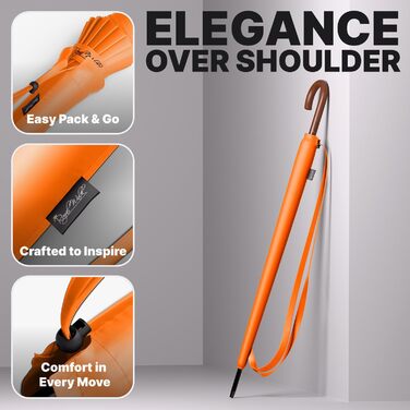 Гольф-парасолька Royal Walk XXL 54 дюйми (140 см) для 2 особи, штормстійка, легка, класична, дерев'яний руків'я, 16 ребер, унісекс (Помаранчевий)