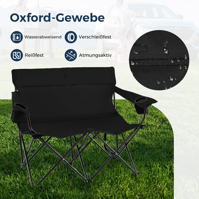 Крісло для кемпінгу на 2 особи Costway, розкладне з підстаканниками та підлокітниками, 300 кг, з сумкою для перенесення, для відпочинку, пікніків та риболовлі (чорний)