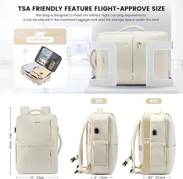 LOVEVOOK Рюкзак жіночий великий з відділенням для взуття, вологостійким відділенням та відділенням для ноутбука 17 дюймів, рюкзак чоловічий, розширюваний ручний багаж для бізнесу 30-40л для подорожей, відпустки, походів, Beige Beige 17,3 дюймів