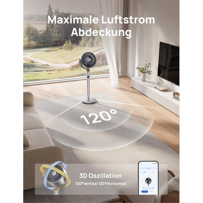 Вентилятор підлоговий Dreo з Wi-Fi та LED, 102 см, 8 швидкостей, 3 режими, 1200 м³/год, срібний