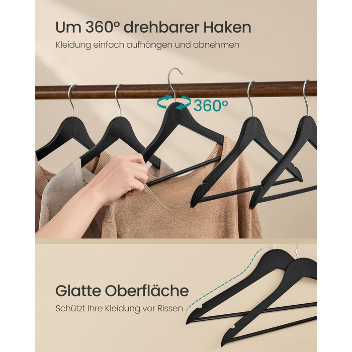 Плечики SONGMICS для одягу з дерева, набір 20 шт., тонкі, для сорочок та курток, з вирізами для плечей, поворотний гачок 360°, з натурального дерева берези, білий, CRW0W02