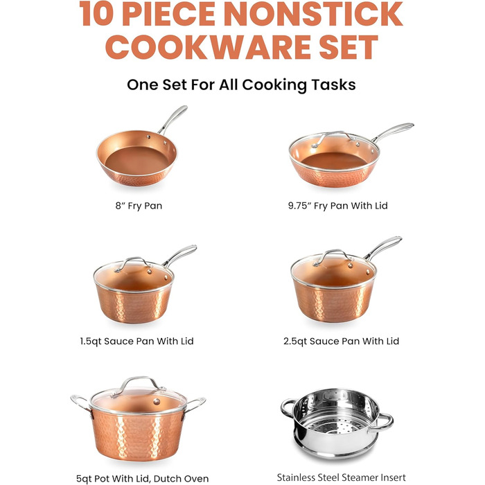 Набір посуду Gotham Steel Hammered Copper Collection: 15 предметів з антипригарним покриттям, алюмінієвий, для приготування та випікання