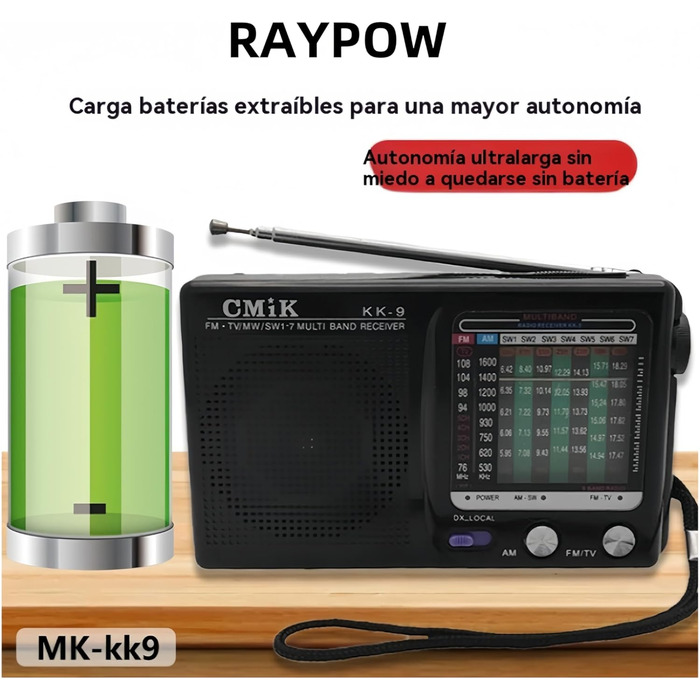 Портативне радіо Raypow 9-діапазонів FM/AM/SW1~SW7, транзисторне, з акумулятором 2 AA, компактне, потужний динамік, для дому та вулиці, чорне