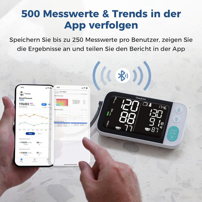 Тонометр на плече CheckMe з великим екраном, Bluetooth, виявлення аритмії, для вагітних та діабетиків, 22-45 см, чорний