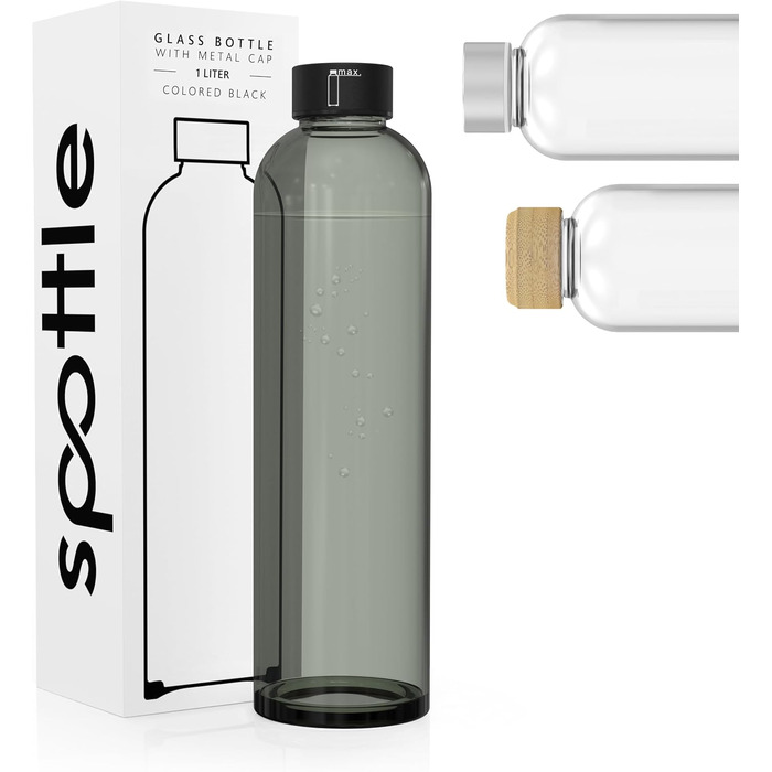 spottle Glass Water Bottle 1L - Glass Bottle in 500ml - 750ml or 1 Liter - Glass Water Bottle Suitable for Carbonated Drinks – Dishwasher-Safe & Leak-Proof Glass Drinking Bottle