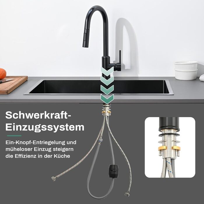 Змішувач кухонний з висувною лійкою та душем, 360° поворот, 2 режими, нержавіюча сталь, чорний