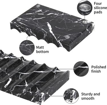 Скляна миска для мила з отвором, мармур, прямокутна, хвиляста, самостійно спорожняється, для ванної кімнати, кухні (чорний/білий)