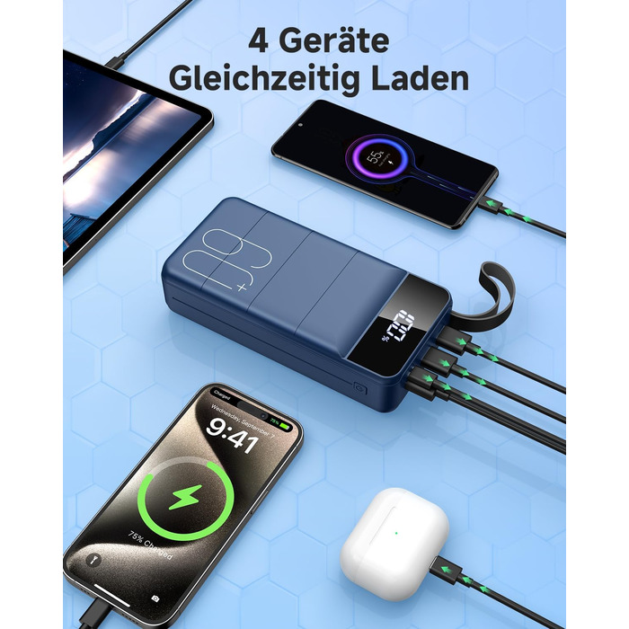 Power Bank 60000mAh 22,5W USB-C: Зовнішній акумулятор для смартфонів, планшетів, блакитний