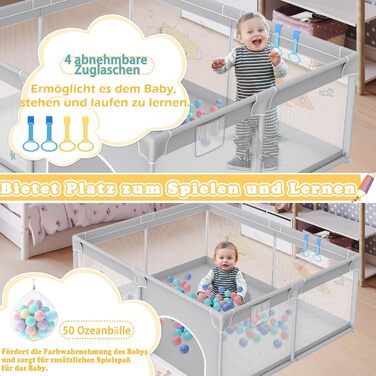 UISEBRT Baby Playpen 127x127cm Playard for Baby with 50 Ocean Balls & 4 Pull Rings & Carry Bag, Foldable Playpen Tent with Breathable Mesh for Kids, Blue with Animal Motifs 127x127x68cm Blue with Animal Motifs