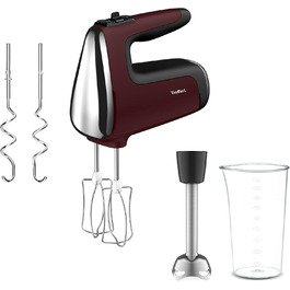 Міксер ручний Tefal Powermix Silence HT6525, 600 Вт, 5 швидкостей + турбо, червоний, 2 вінчики та 2 гачки з нержавійки, насадка-блендер, комплект
