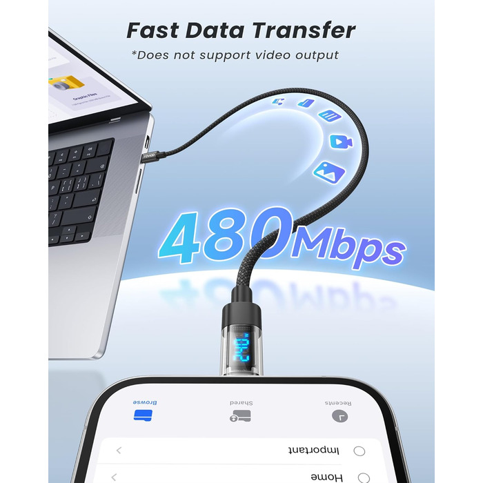 Кабель USB-C RAVIAD: Швидка зарядка PD3.1, 240W, 2м, нейлон, чорний. Сумісний з iPhone, Galaxy, Pixel, iPad, MacBookAir