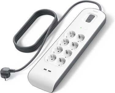 Мережевий фільтр Belkin з 8 розетками, захистом від перенапруги та USB-портами (2.4A), 2 м кабелю, для дому та офісу