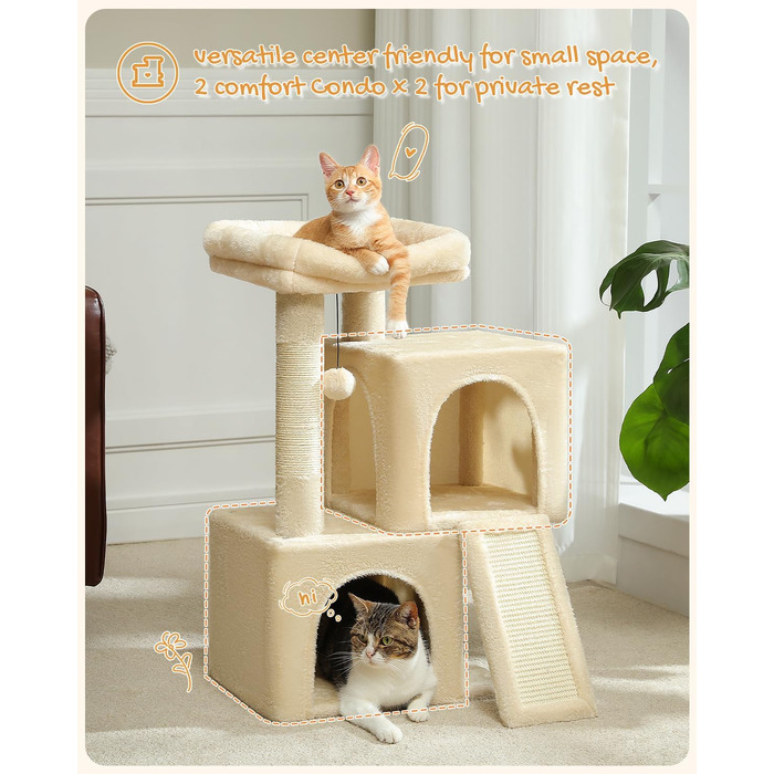 PETEPELA Scratching Post with Dual Condos for Apartment Cats, All-in-One Cat House with Padded Perch, Scratch Ramp and Post, and Replaceable Balls Beige