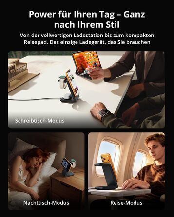 Зарядний пристрій 3-в-1 GEEKERA MagSafe для Apple Watch, iPhone (12-17) та AirPods, індуктивне зарядне, чорний матовий