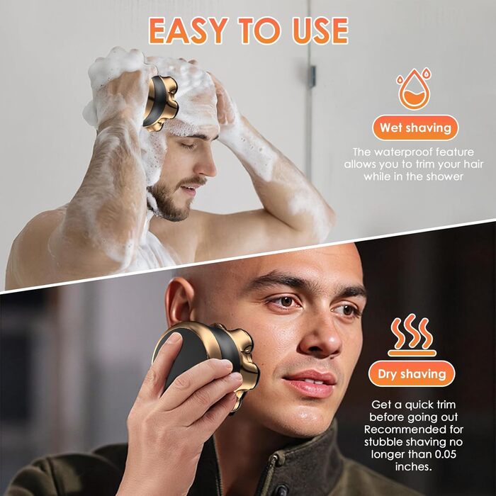Електрична бритва чоловіча 7D Glatzen з плаваючою головкою, LED-дисплеєм, 2 режимами, Type-C зарядка, водонепроникна, акумулятор 120 хв, золотий колір