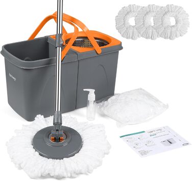 Набір для миття підлоги Rainberg Spin Mop з відром: 3 змінні насадки, висувний 130 см, мікрофібра, самовіджимання, сірий та помаранчевий