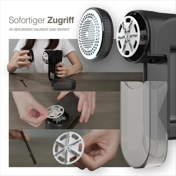 Портентум Фусселрасйер: Електричний видалення ворсу з LED-підсвіткою, 3 режими, 9000 об/хв, 6-клинковий насадка, USB-C, 15W для одягу та дому