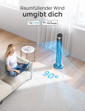 DREO Smart Tower Ventilator: Тихий вентилятор з Wi-Fi, дистанційним керуванням та керуванням голосом (Alexa), 90° осциляція, 5 швидкостей, 12-годинний таймер, сріблястий
