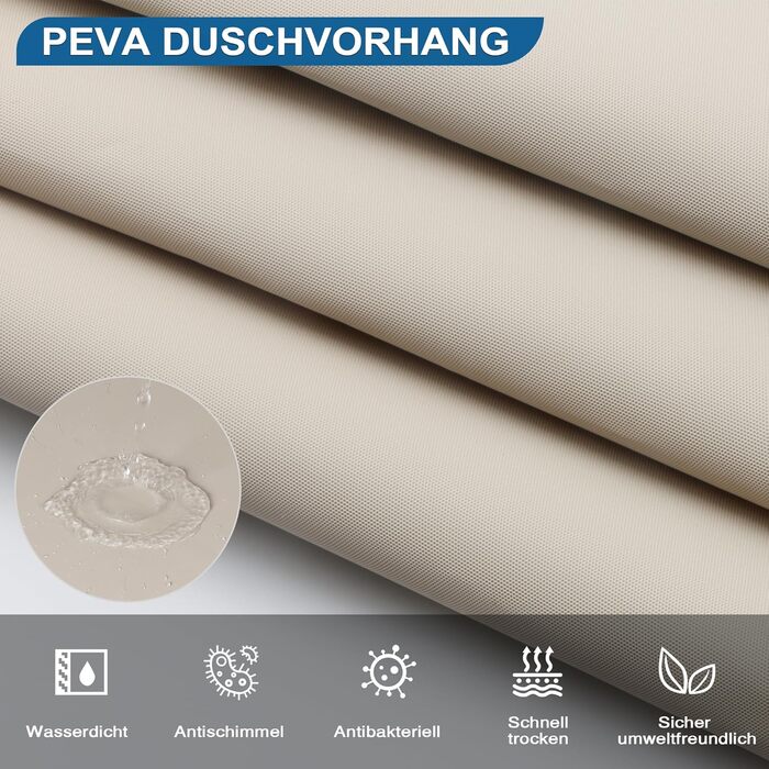 Шторка для душу Funria 180x180 см Бежева PEVA, антигрибок, водовідштовхувальна, з 12 кільцями. Шторка для ванни, бежева, 180x180 см