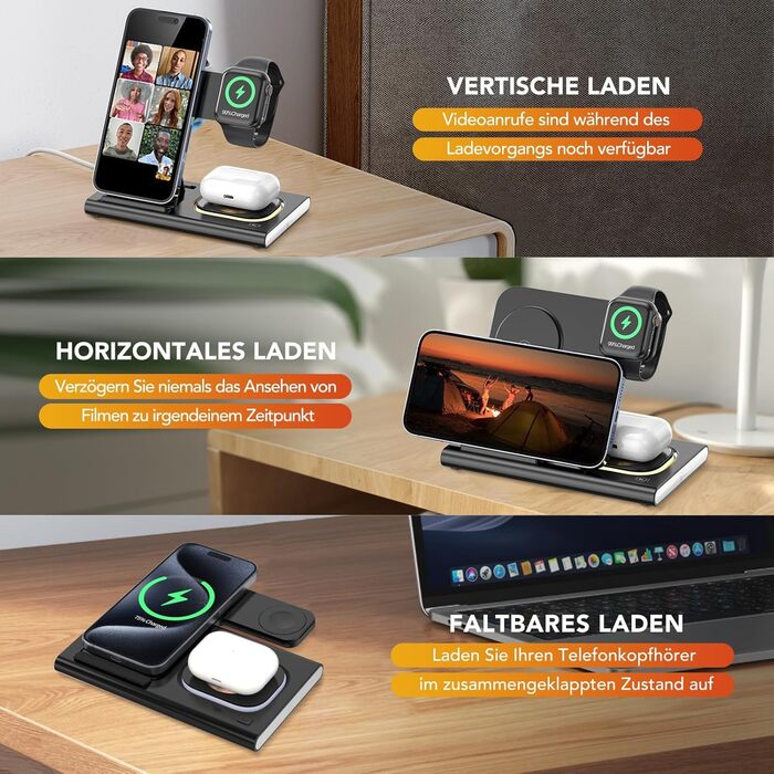 Бездротова зарядка Aimtel 3-в-1 з нічними ліхтариками: сумісна з iPhone 17/17 Pro/17 Pro Max/17 Air та Apple Watch, Air-Pods Pro/4/3/2. Чорний колір