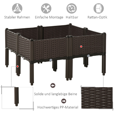 Outsunny Raised Garden Bed, 4-Piece Planting Box with Drainage Holes, Rattan-Look, DIY Brown, 40x40x44cm, ideal for garden and balcony