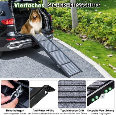 Рампа для собак у машину, розкладна, 160 см, з антиковзким покриттям, для легкових автомобілів, вантажівок та SUV, стабільна, для великих та середніх собак до 90 кг, 160*43 см (Д x Ш)