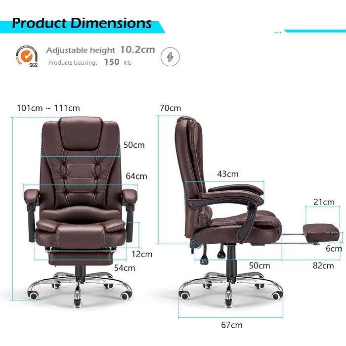 Крісло офісне YODOLLA, 200 кг, ергономічне, з регулюванням нахилу, комп'ютерне, з підніжкою, шкіряне (колір: коричневий)