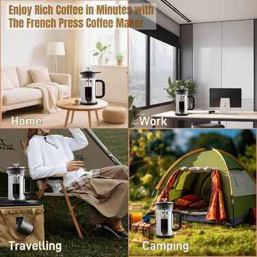 Френч-прес для кави, 1 л, скло Borosilikat, нержавіюча сталь, з багаторазовими фільтрами, портативна кавоварка для кухні, подорожей, кемпінгу